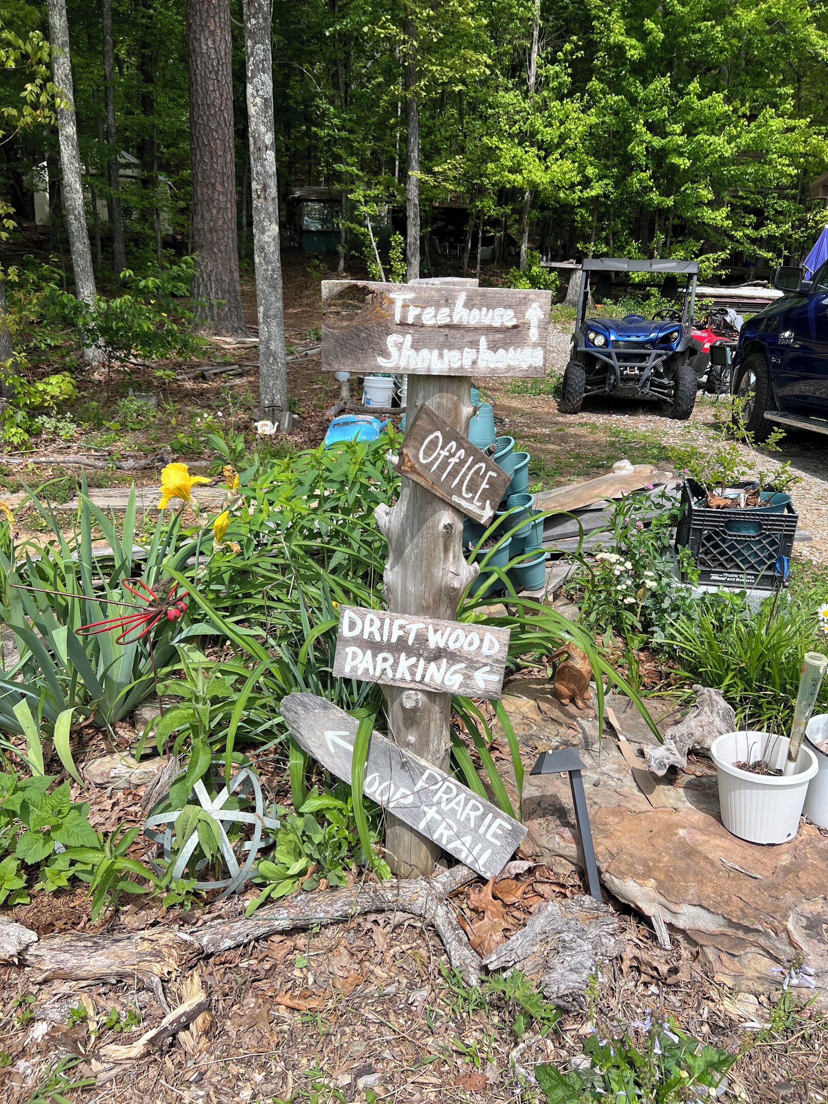 A wooden signpost with directions to a treehouse, shower house, office, driftwood parking, and a blood trail.