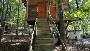Une cabane en bois avec un escalier menant à une porte, entourée d’arbres.