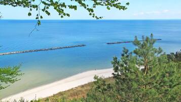 Ein Strand mit klarem, blauem Wasser, einem sandigen Ufer und etwas Vegetation im Vordergrund.