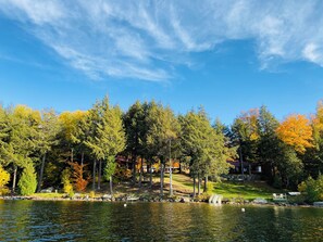 Järvi, jonka rannalla on puita ja taustalla näkyy talo.