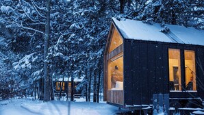 Une cabane confortable avec une grande fenêtre, un foyer extérieur et un banc à l’extérieur.