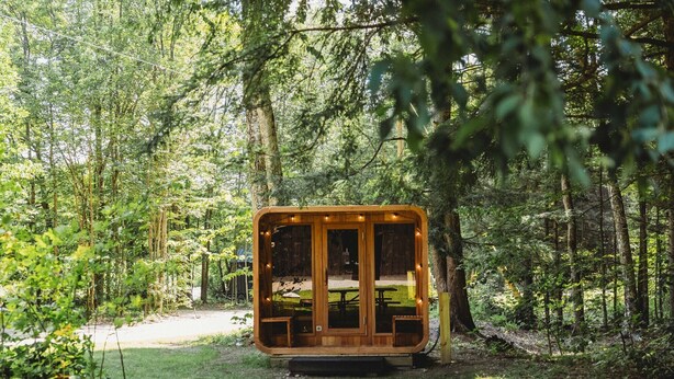 Eine Holzhütte mit Glasfront, gelegen im Wald.