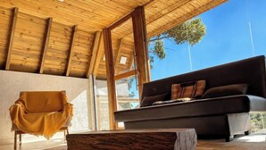 A room with a wooden ceiling, a sofa, a chair, and a window.