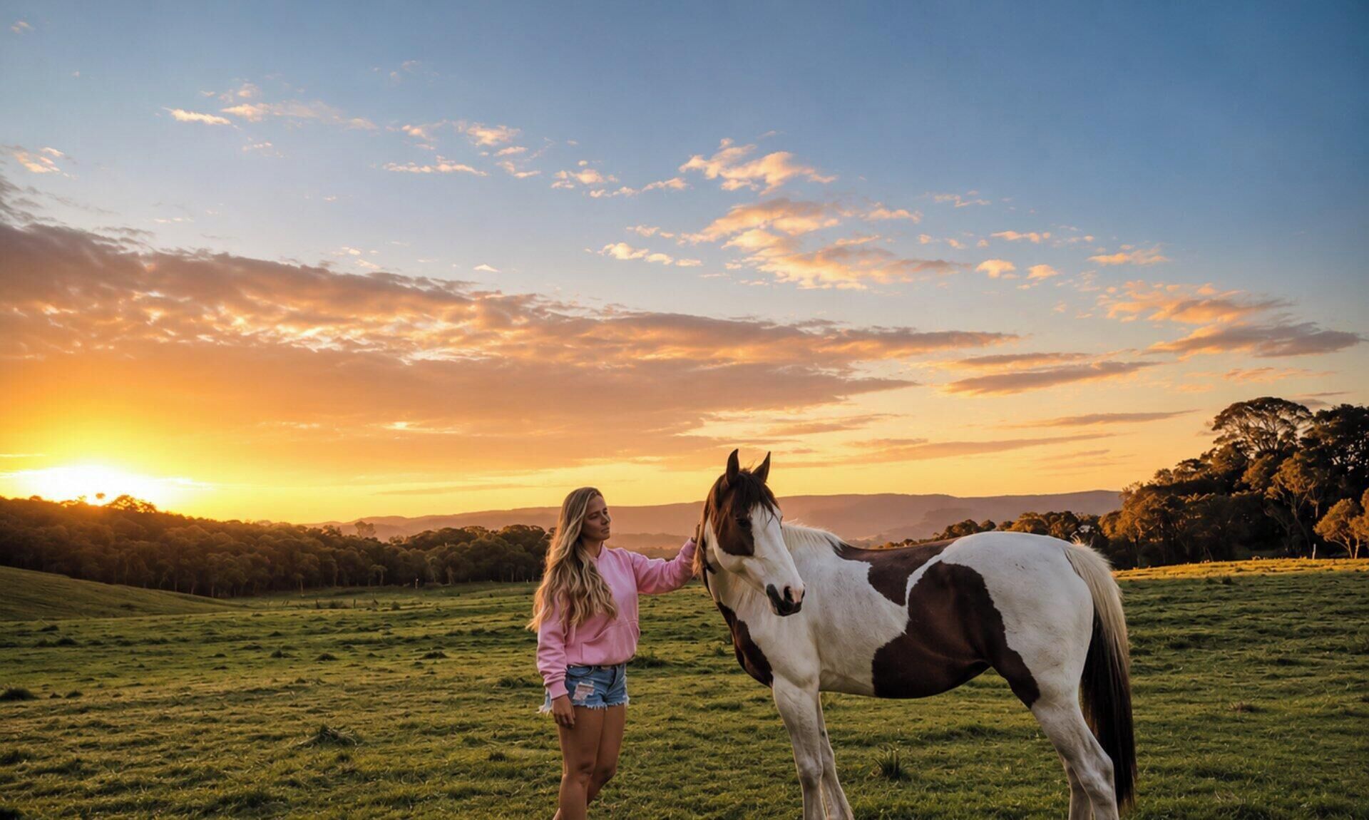 A person standing in a grassy field with a horse, under a sunset sky.