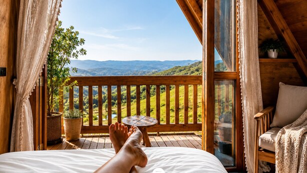 A bedroom with a large bed, wooden balcony, and a view of a green landscape.