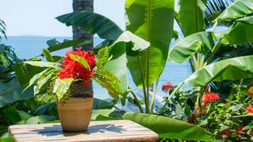 A wooden table with a potted plant, surrounded by lush greenery and a view of the ocean.