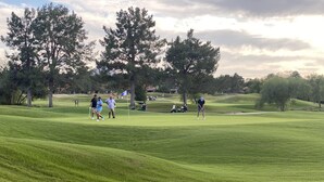 Un campo de golf con un marcador de bandera, árboles y una bandera.