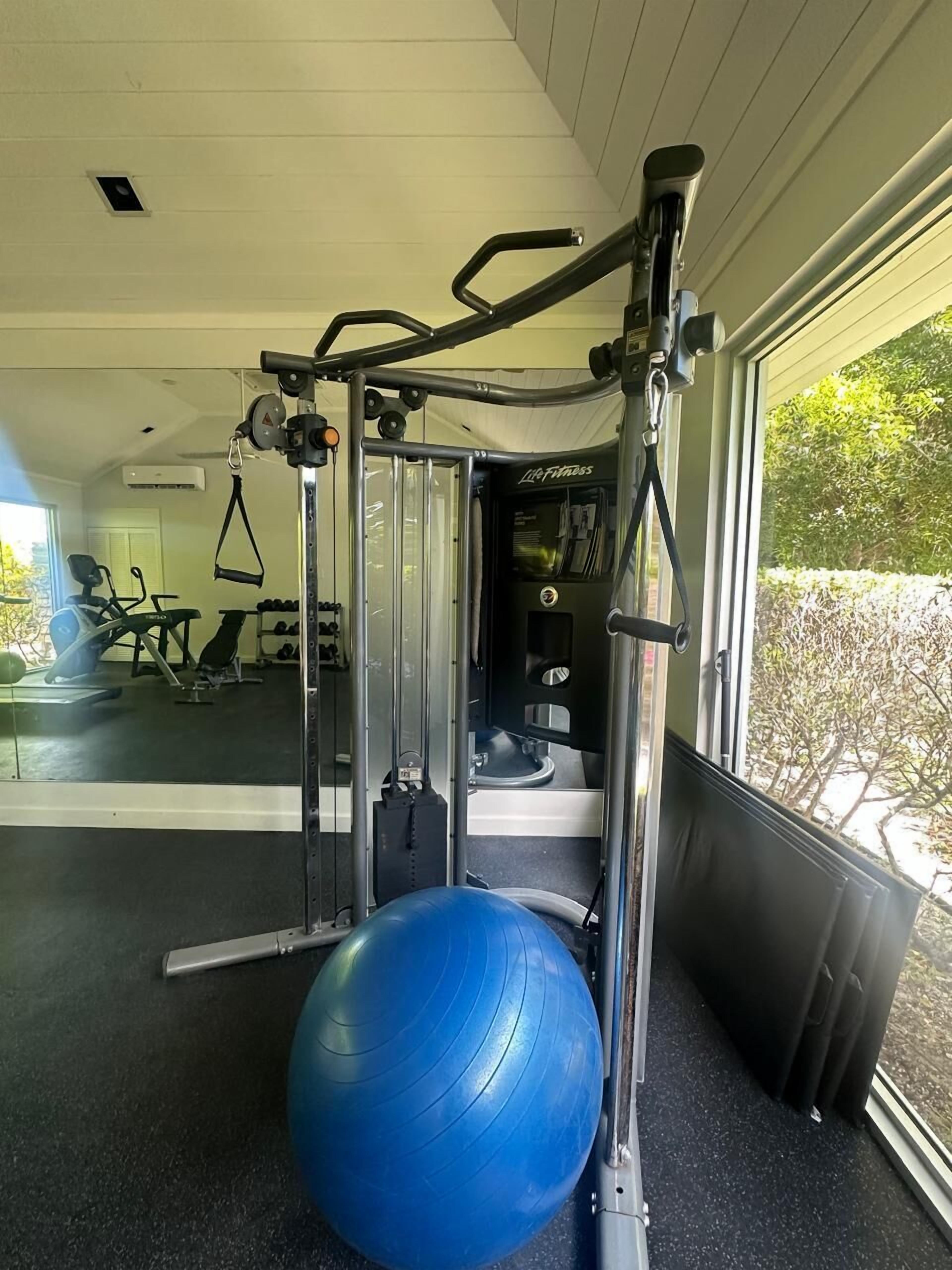 Une salle de sport équipée de matériel d’exercice, avec un ballon d’exercice bleu et une fenêtre donnant sur des arbres.