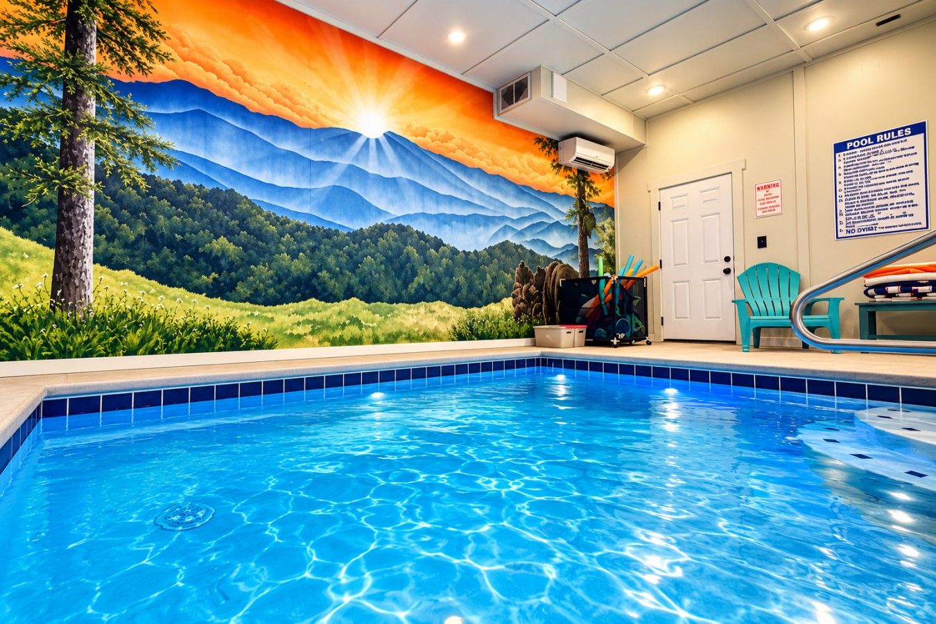 En swimmingpool med en väggmålning som föreställer en solnedgång över berg, en dörr och en skylt med poolens regler.