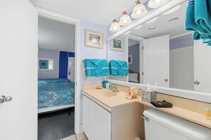 Hair dryer, towels, soap, shampoo