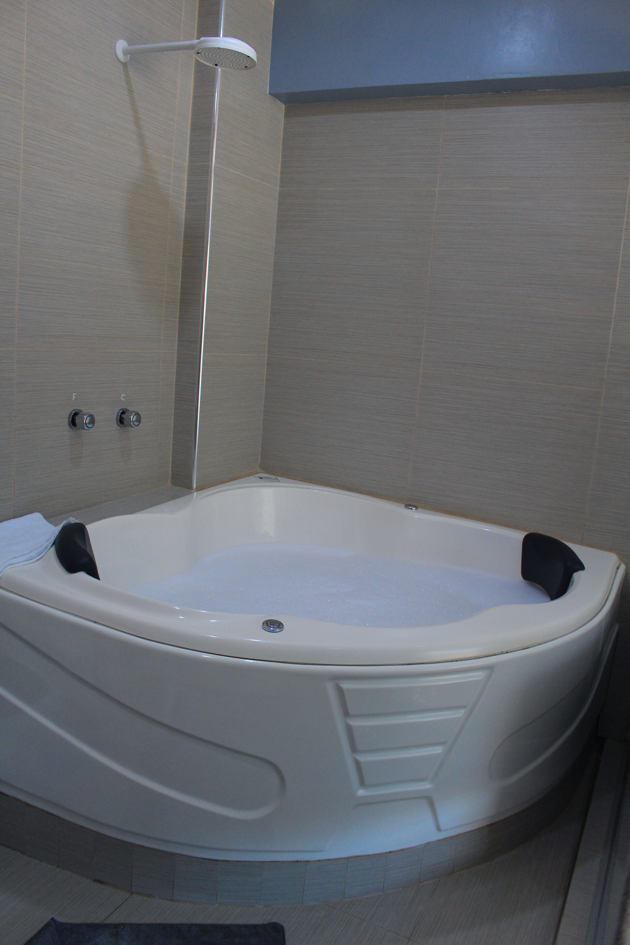 A modern bathroom with a freestanding bathtub, a showerhead, and two faucets.