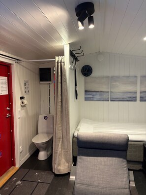 A compact room with a bed, a toilet, a shower curtain, a clock, and a wall with two paintings. - Aurora Cabin (Kiruna)
