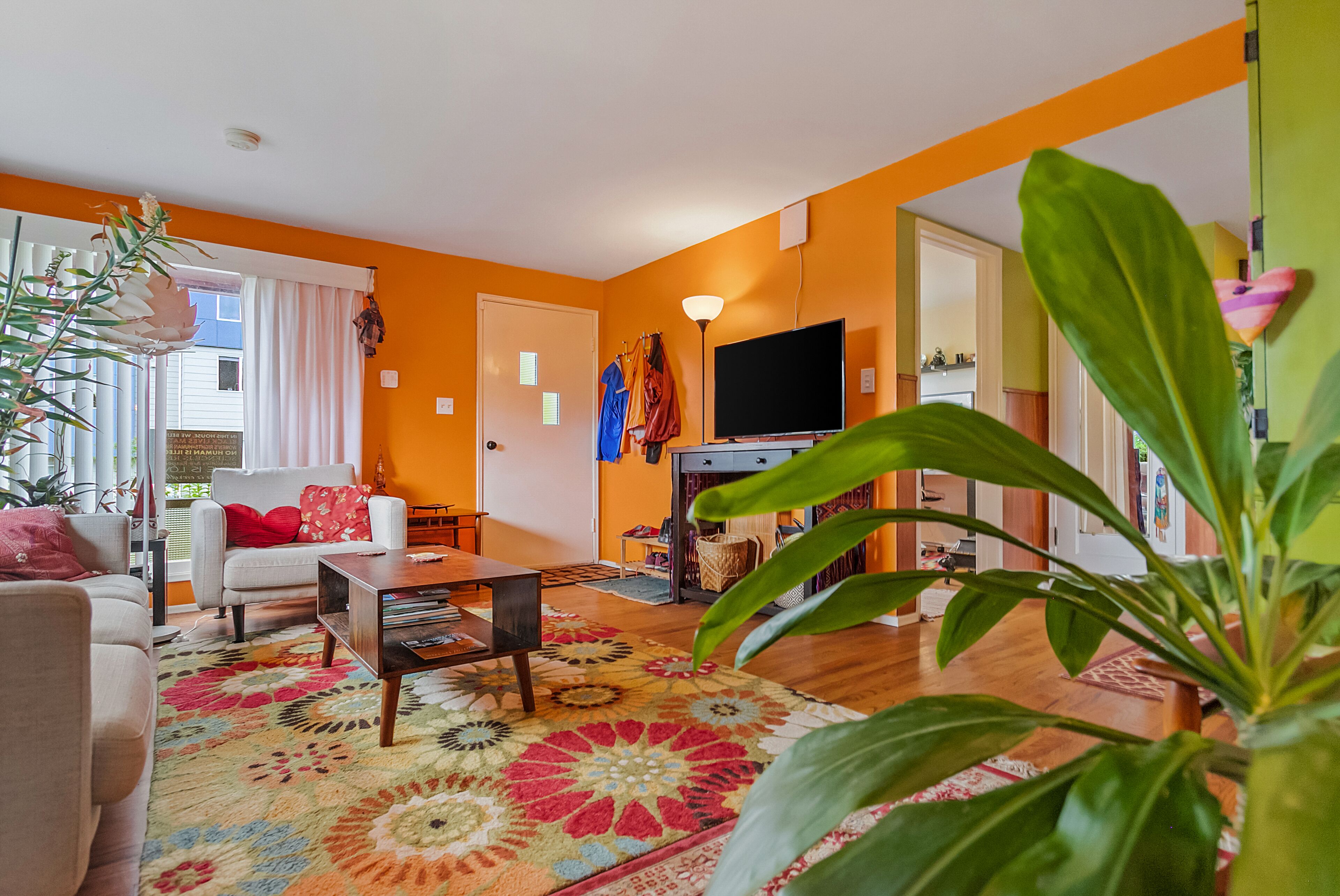 A living room with a sofa, coffee table, and a TV. There are plants and a window with curtains.
