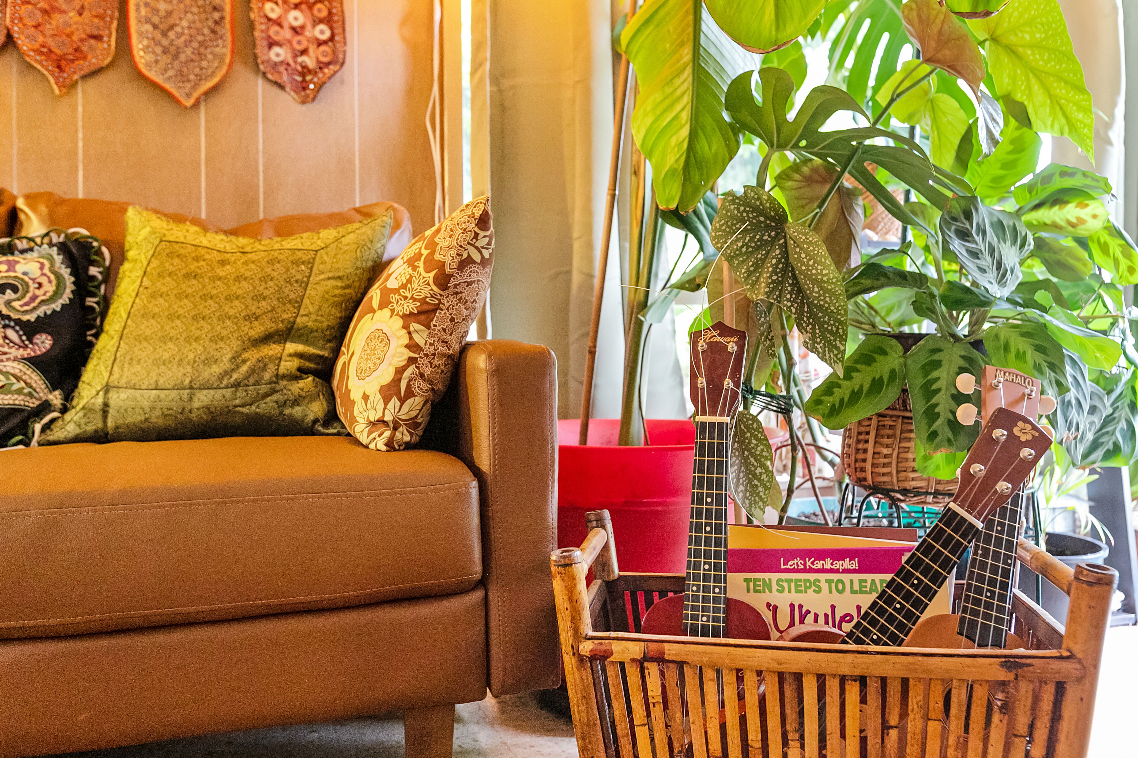 A brown sofa with patterned cushions, a wooden chair with a guitar, and a large green plant.