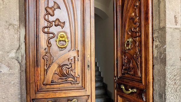 Una puerta de madera con tallas intrincadas y un tirador de latón.