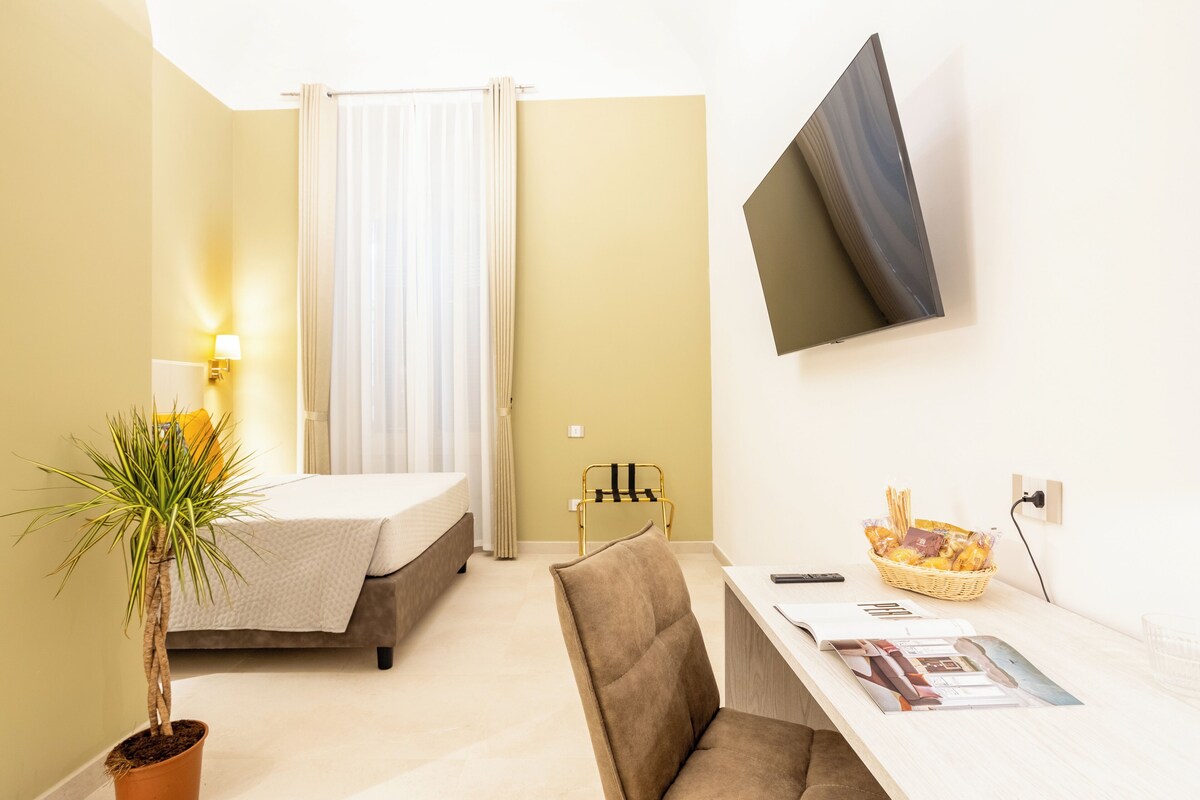 A hotel room with a bed, a desk with a basket of snacks, a chair, a potted plant, and a TV mounted on the wall.