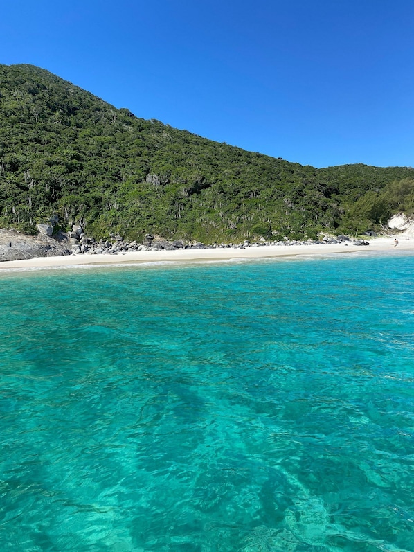 A beach with clear turquoise water, a sandy shore, and a forested hill in the background. - Aconchegante Apartamento na Prainha (Arraial do Cabo)