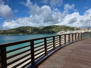 A coastal walkway with a railing, a clear view of the sea, and a hillside with buildings.