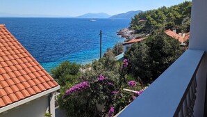 Une vue sur la côte, avec une mer bleue et limpide, un toit recouvert de tuiles et une végétation luxuriante.