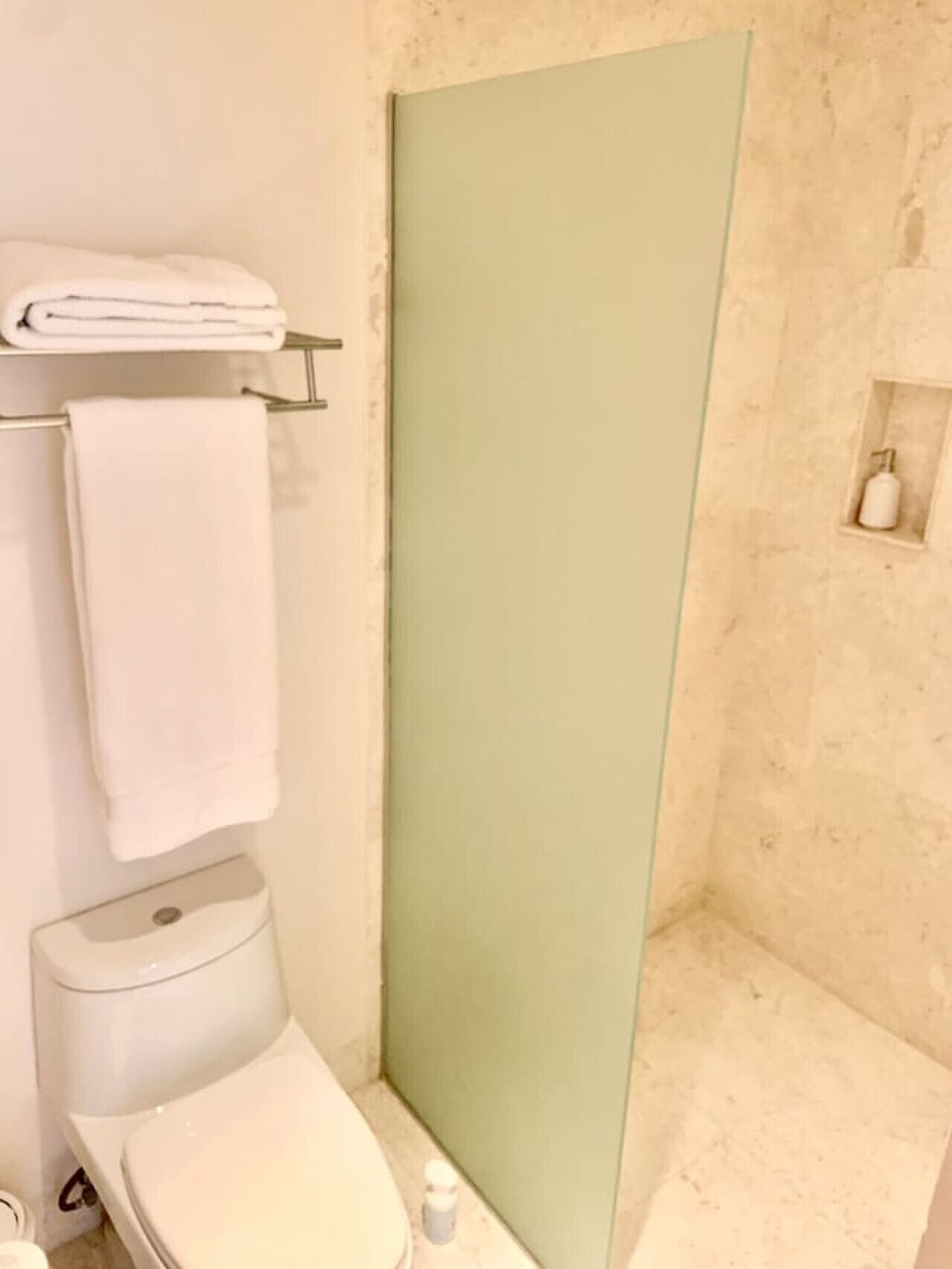 Een badkamer met een toilet, een glazen douchecabine en een handdoekrek met opgevouwen handdoeken.