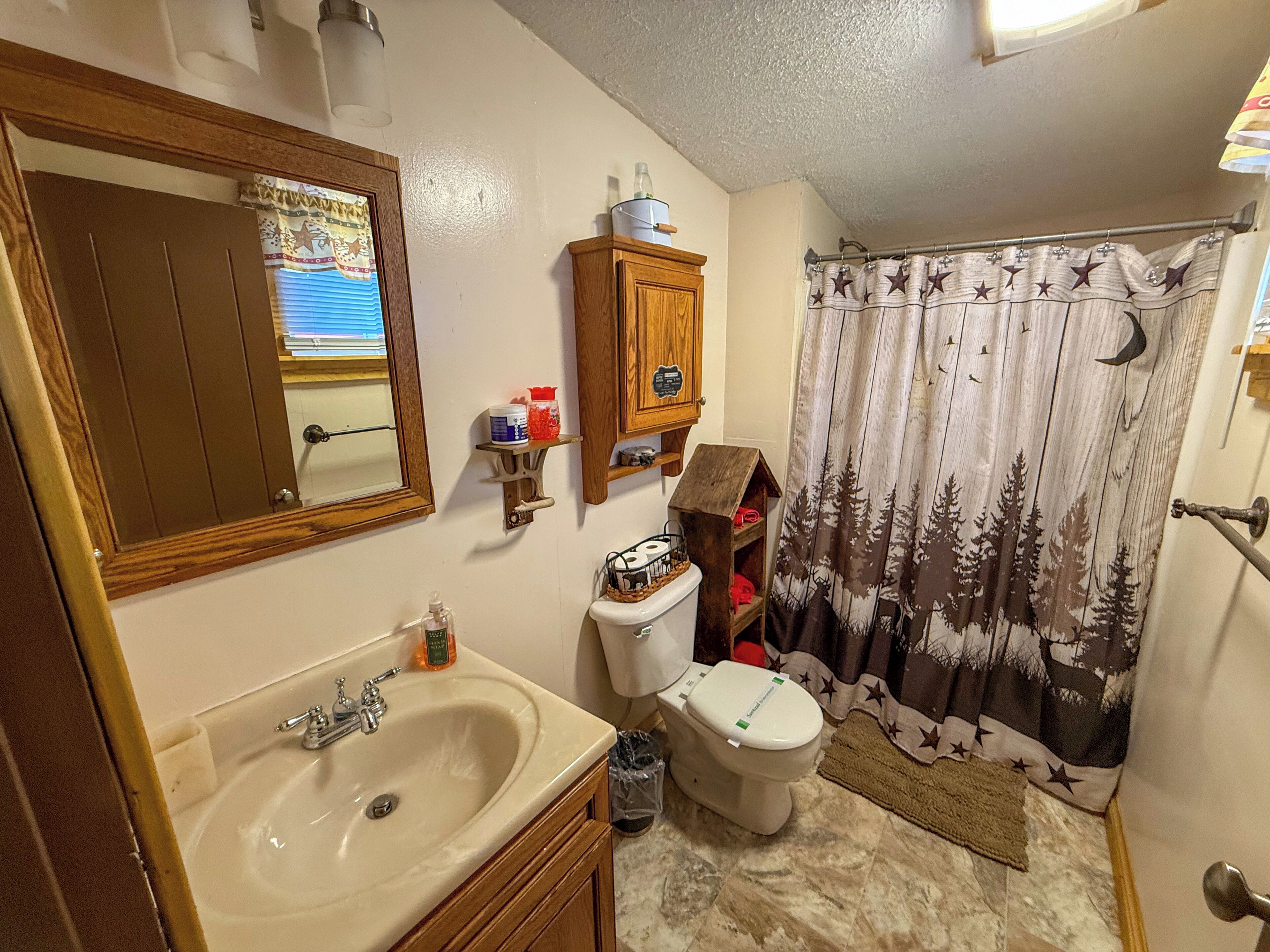 Ein Badezimmer mit Waschbecken, Toilette und Duschvorhang.
