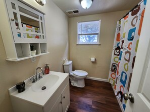 Hair dryer, towels, soap, shampoo