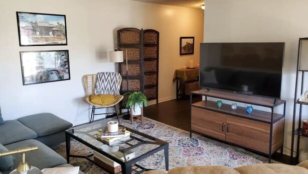 A living room with a sofa, a coffee table with books, a TV stand with a flat-screen TV, and a patterned rug. - The Redhawk Hideaway: Charming 2BR Condo near Miami Univ in Oxford! Book now! (Oxford)