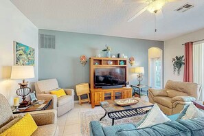 TV, books, music library, stereo