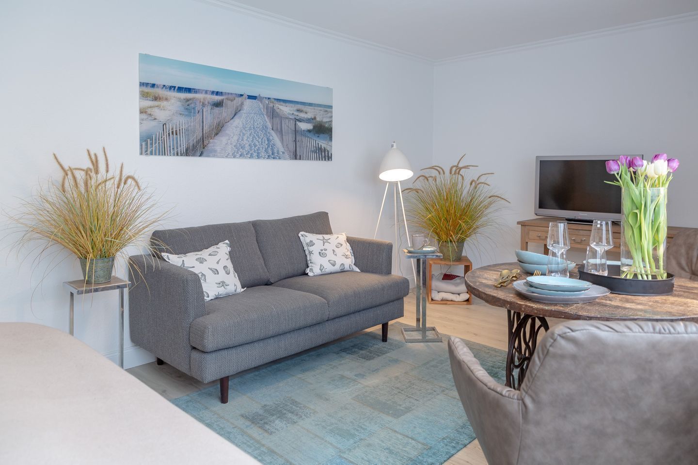 A modern living room with a grey sofa, a coffee table, a TV, and decorative plants.
