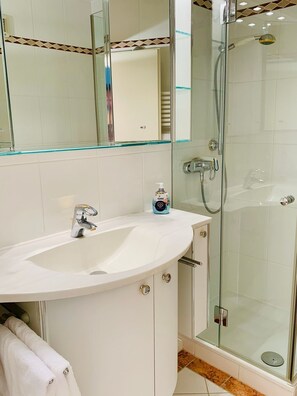 Shower, hair dryer, towels