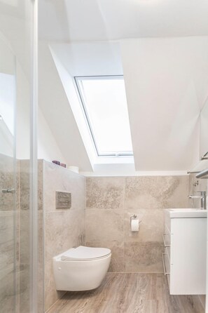 Ein modernes Badezimmer mit Dachfenster, Toilette, Dusche und Waschbecken.