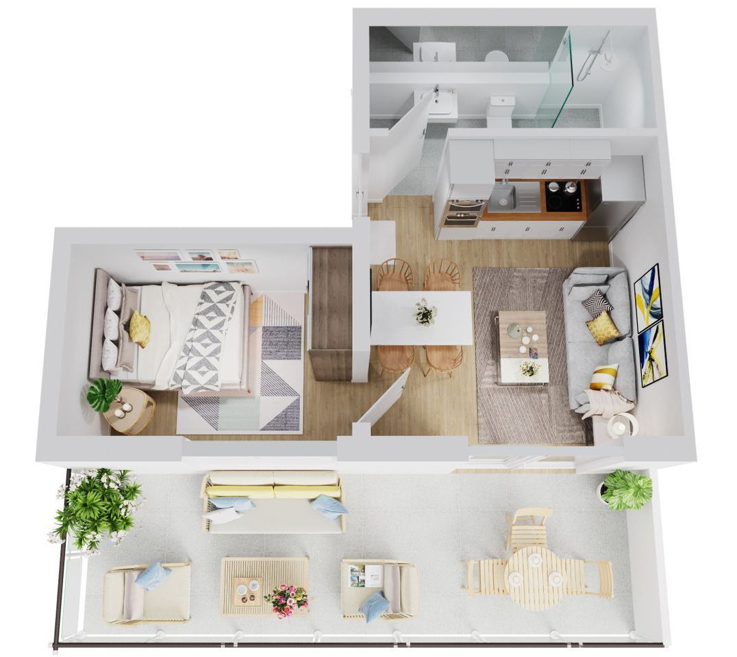 Een appartement met twee verdiepingen, bestaande uit een woonkamer, een eetruimte, een keuken en een aparte badkamer.