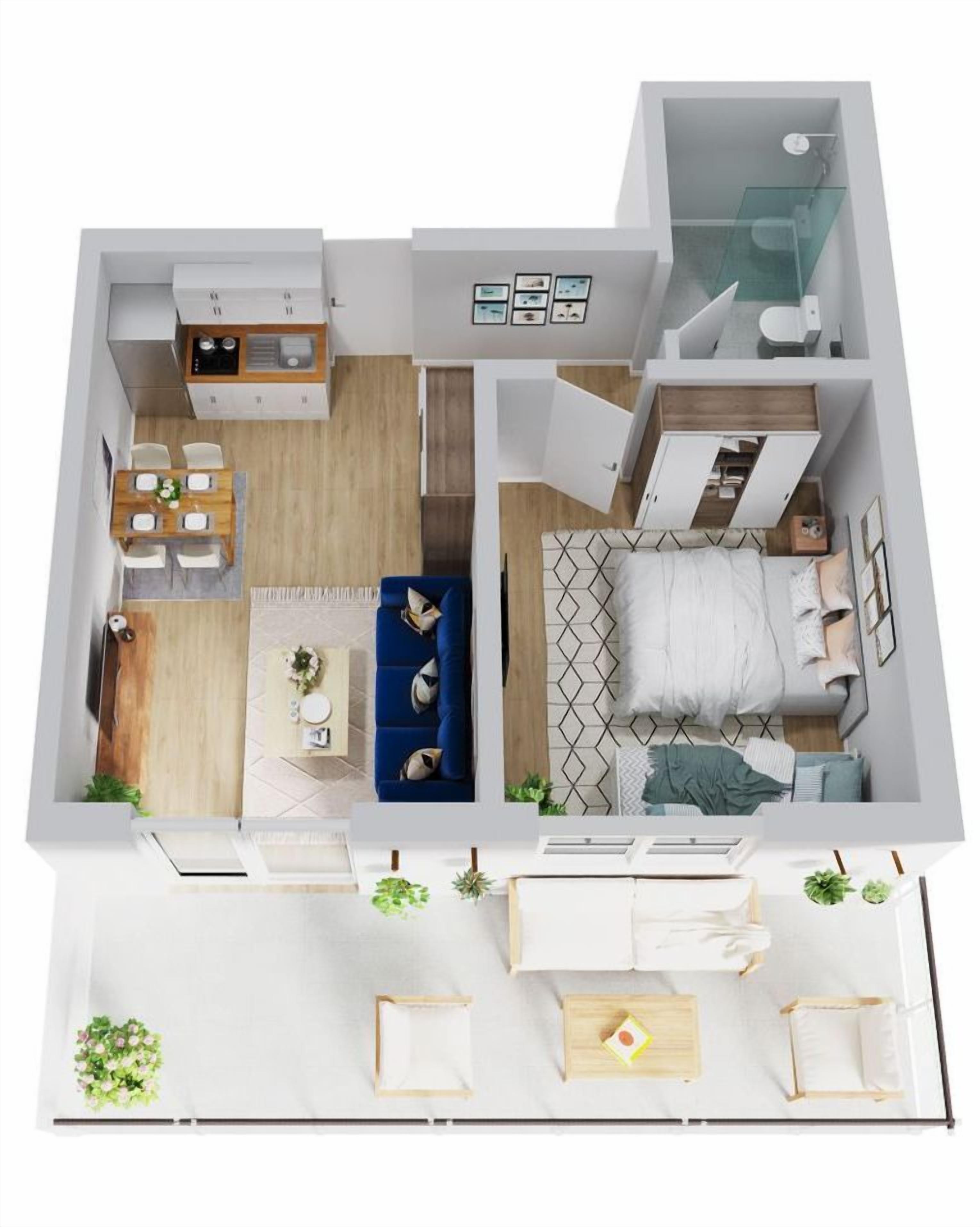 Distribución de un apartamento de dos habitaciones con cocina, comedor y baño.