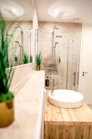 Shower, hair dryer, towels, soap