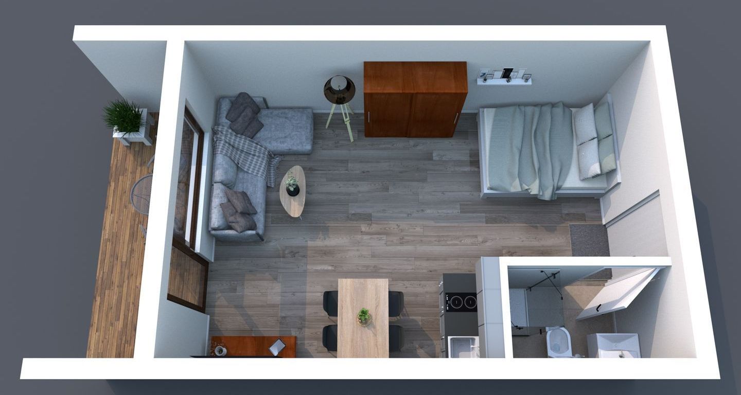 A modern apartment layout with a dining area, kitchen, sofa, and a small balcony.