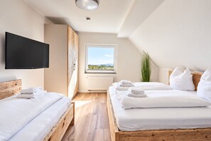 A modern hotel room with two beds, a flat-screen TV, a large window with a view, and a radiator.