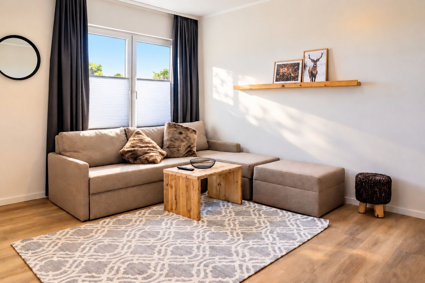 A modern living room with a sofa, a coffee table, a rug, and a shelf with pictures.
