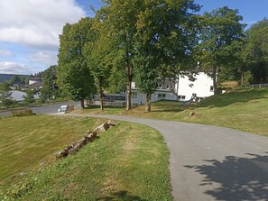 Un quartier résidentiel avec un chemin pavé, des arbres et des maisons.