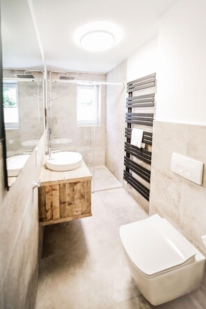 Dusche, Haartrockner, Handtücher, Seife