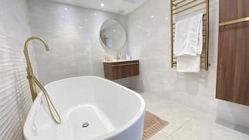 Chuveiro, toalhas de banho, papel higiênico