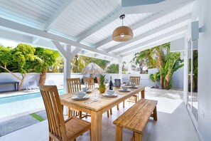 A covered outdoor space with dining 