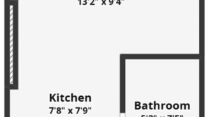 A floor plan with a bedroom (13'2' x 9'4'), kitchen (7'8' x 7'9'), and bathroom (5'2' x 7'5') dimensions. - Walk to Time Square! Cozy Studio (New York)