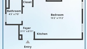 Un plan d’étage comprenant une chambre de 13 pieds 2 pouces sur 11 pieds 2 pouces, une salle de bain de 4 pieds 3 pouces sur 7 pieds, un hall d’entrée de 3 pieds 11 pouces sur 8 pieds 11 pouces et une cuisine.