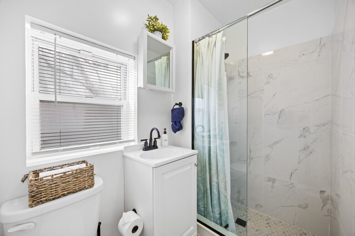 Hair dryer, towels, soap, shampoo