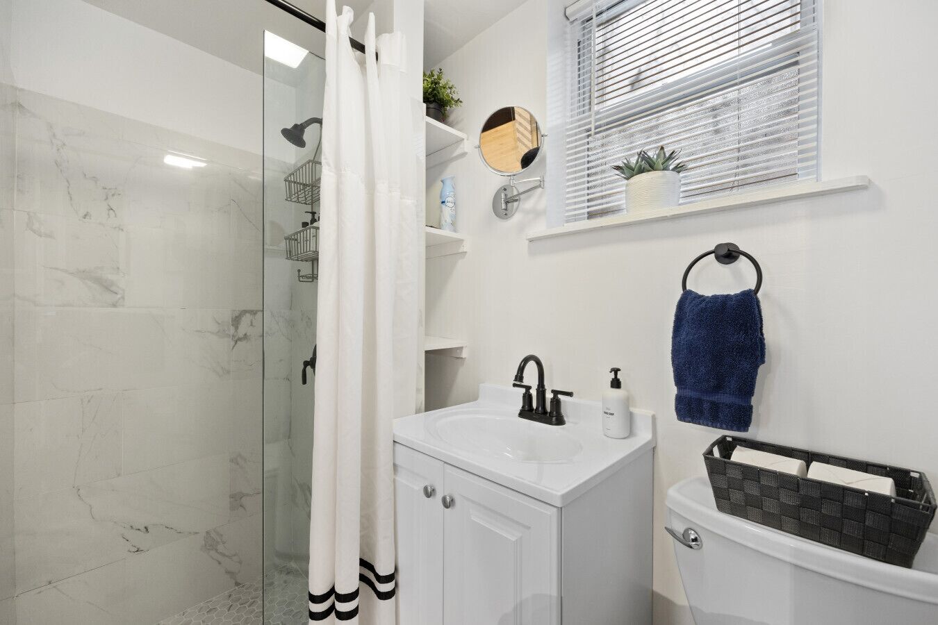 Hair dryer, towels, soap, shampoo