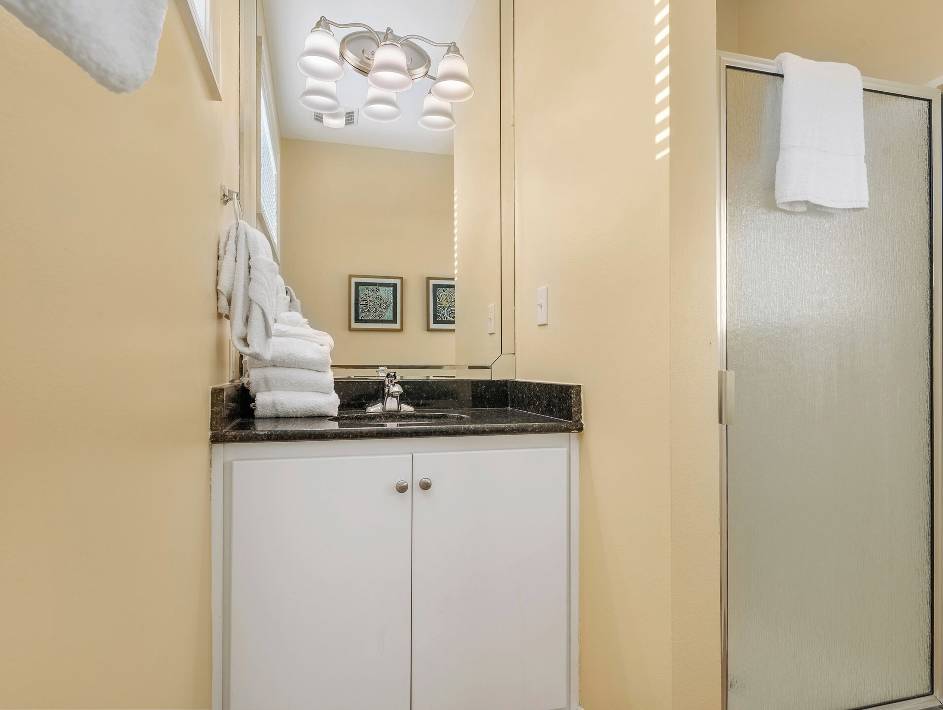 Une salle de bain avec un meuble-lavabo blanc, un évier et un miroir. On peut voir des serviettes pliées sur le meuble-lavabo, et un rideau de douche est visible à l’arrière-plan.