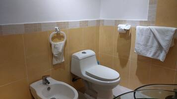 A bathroom with a bidet, toilet, and a glass shower enclosure.
