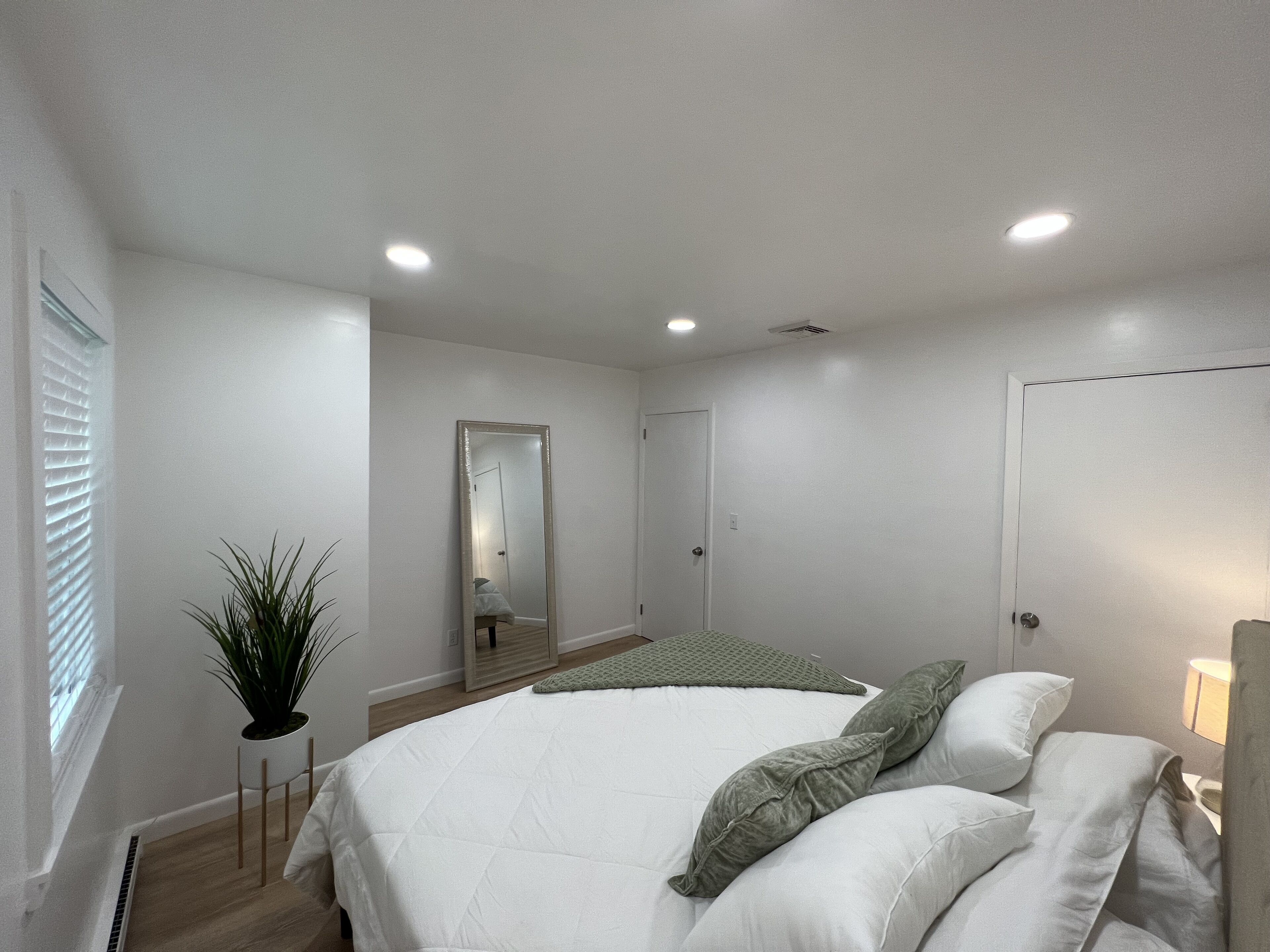 A bedroom with a large bed, a bedside table with a lamp, a potted plant, and a mirror on the wall.