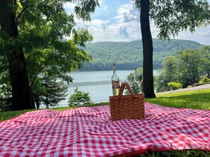 A picnic setup with a checkered blanket, a basket, and two wine glasses on a grassy area with a lake and trees in the background. - Lakehouse, Boat Dock, Kayaks, Fire-Pit, King Bed, 1 Hour & 15 Min from NYC etc! (New Fairfield)