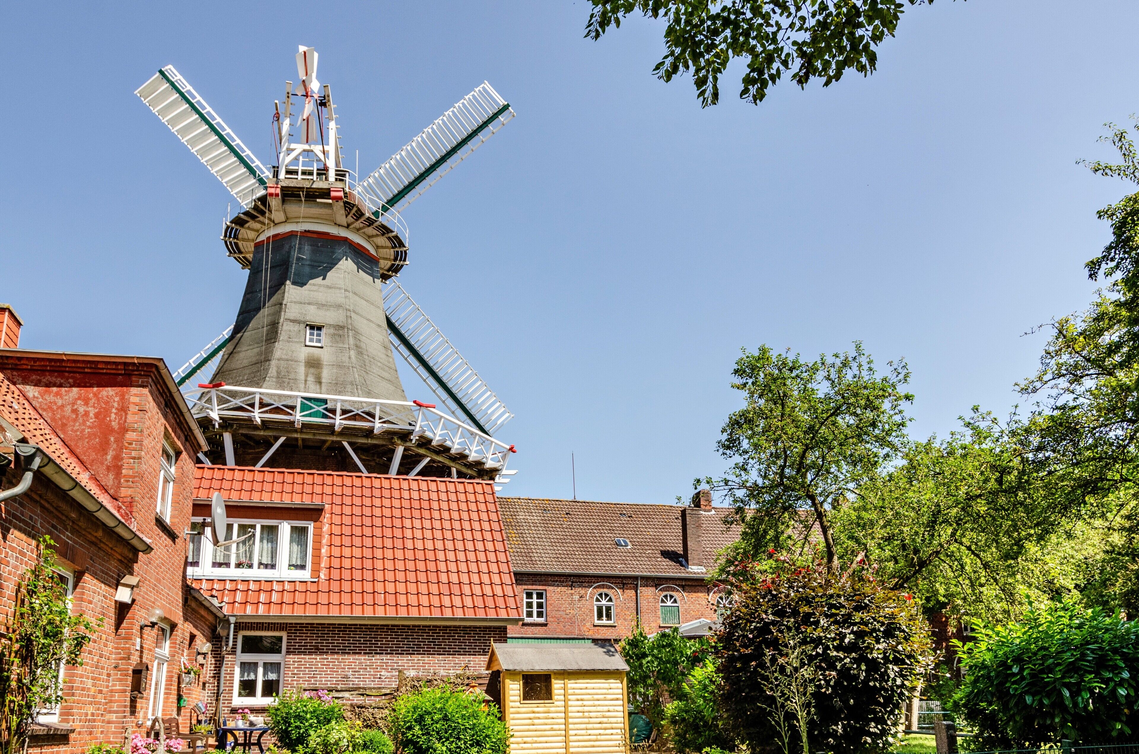 A traditional windmill with a conical roof and white sails, situated in a residential area with brick buildings and lush greenery.